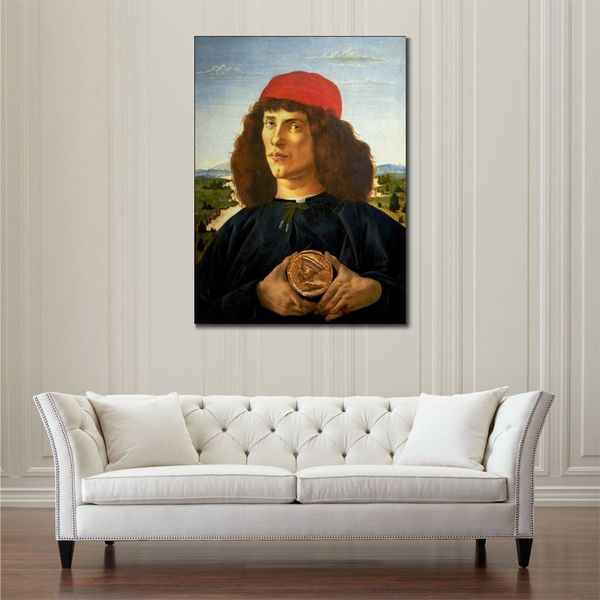 Toile classique Art Portrait d'un homme avec médaille de Cosimo Sandro Botticelli peinture religieuse faite à la main de haute qualité