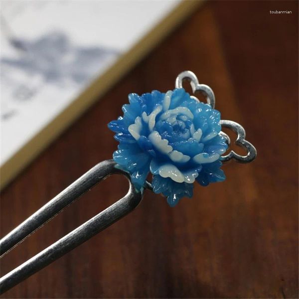 Horquilla de flor de peonía azul de estilo chino clásico, palo de pelo en forma de U, tocado Hanfu, regalo de cumpleaños para mujer y niña, 1 Uds.
