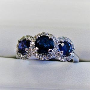 Klassieke cocktail sieraden 925 sterling zilver drie stenen blauwe saffier cz diamant edelstenen partij vrouwen bruiloft verlovingsband ring cadeau