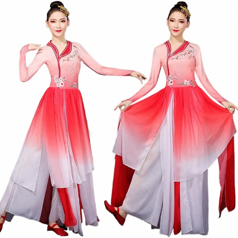 traje de apresentação de dança clássica, elegante saia LG estilo chinês, exame de arte, dança étnica, conjunto de dança de leque, adulto 04Tf #