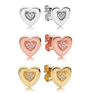 Klassiek ontwerp 3 kleuren Hartstudie 18K Gouden Rose Gold verguld voor Pandora 925 Sterling Silver Signature Heart Stud -oorbellen SE 241X
