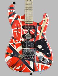 Heavy Relic Edward Van Halen Franken Stein Guitare électrique Blanc Noir Rayé Rouge, Floyd Rose Tremolo Bridge Écrou de Verrouillage, Bouton de Sangle Spécial 258