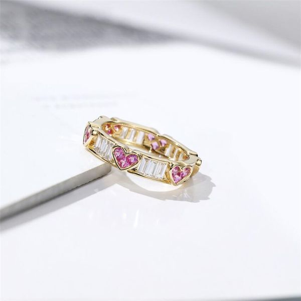 Joyería fina clásica Venta caliente 925 Sterling SilverGold Fill Pink Sapphire CZ Diamante Piedras preciosas Forma de corazón Mujeres Wedding Band Ring Gift