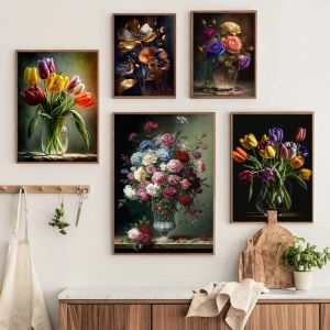 Fleurs classiques Peintures de toile nordique Impressions d'affiches vintage Nature morte Fleurs dans un vase Wall Art Picture Home Decor Cuadros