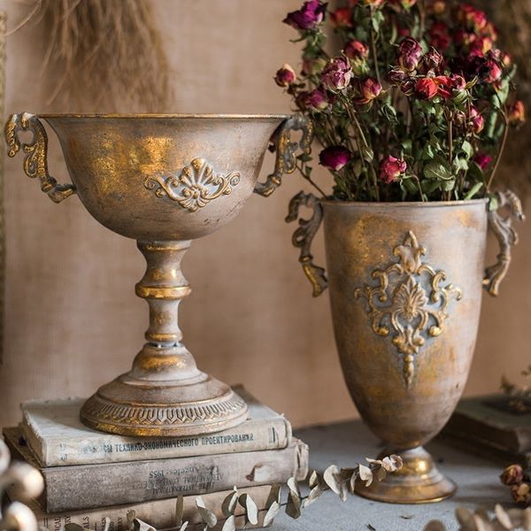Classique Gobelet Fleur Vase Pot De Fleur Rétro En Fer Forgé Arrangement De Fleurs Or Chandelier Vase Décoration Maison 210310