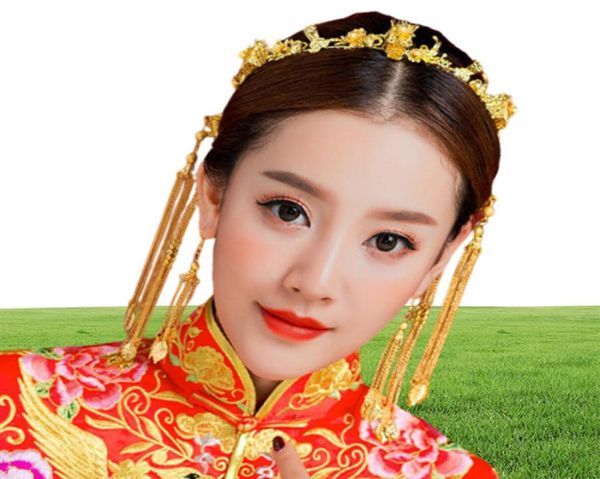 Couvre-chef classique Style chinois accessoires de cheveux de mariage Phoenix Coronet couleur or épingles à cheveux boucles d'oreilles couronne de mariée JCE0676880295