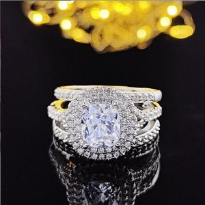 Bijoux classiques anneaux de mariage en argent sterling 925 coupe ovale topaze blanche CZ diamant pierres précieuses fête 3 pièces éternité femme femmes Eng281Y
