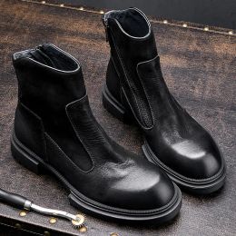 Classical Men's Zipper Mid-calf Full Grain Leather Military Retro Boots Man Casual Winter Shoes US Size