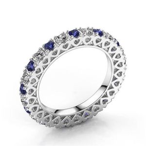 Klassieke nieuwe unieke mode-sieraden 925 sterling zilver witblauwe saffier CZ diamant edelstenen hart holle vrouwen trouwring 288B