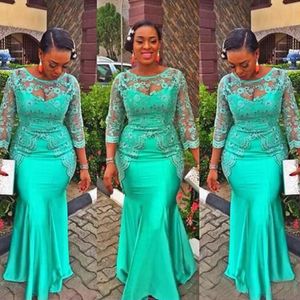 Turquoise Afrikaanse zeemeermin avondjurk Vintage kant Nigeria Lange mouw Prom Dresses ASO EBI Style Avond Party Jassen