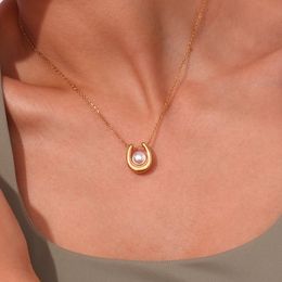 Collier classique brillant rond en forme de U pour femmes, pendentif en acier inoxydable, anneaux dorés, bijoux