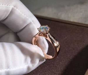 Joyería de moda clásica de seis garras Plata de ley 925 Relleno de oro rosa Diamante de alta calidad Eternidad Mujeres Anillo de compromiso de boda Regalo