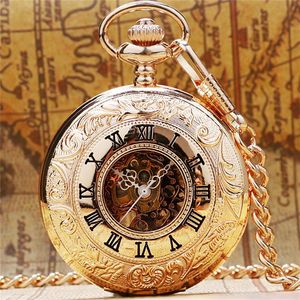 Klassieke Steampunk Rose Gold Color Handwinding Mechanische pocket horloge unisex Romeinse cijfers skeletklok hanger keten reloj d247c