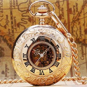 Klassieke Steampunk Rose Goud Kleur Handwinding Mechanisch Zakhorloge Unisex Romeinse Cijfers Skelet Klok Hanger Ketting Reloj d184S