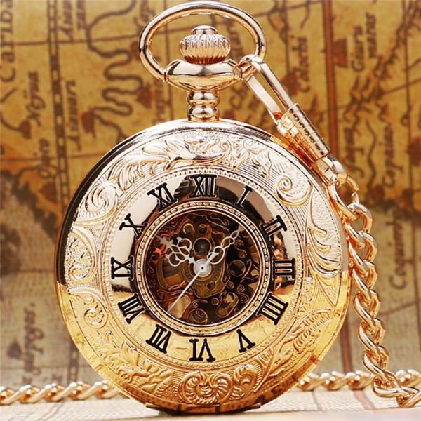 Reloj de bolsillo mecánico clásico Steampunk Color oro rosa cuerda manual Números romanos Unisex Reloj esqueleto Cadena colgante Reloj d274A