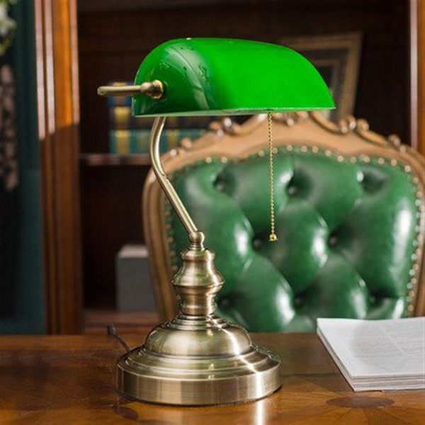 Lampe de table de lampe de banquier vintage classique E27 avec interrupteur Abat-jour en verre vert couverture lumières de bureau pour chambre étude maison lecture238I