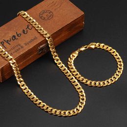 Classics Modieuze Real 24 K Gele Solid Gold Finish Mens Vrouw Ketting Armband Sieraden Sets Curb Chain Slijting 210720