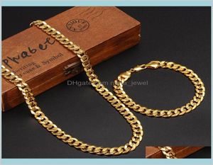 Klassiekers Fashionable Real 24K Geel Gold GF Mens Woman ketting Bracelet Sieraden Sets Solid Curb Chain Schreiding Resistent Drop DE3438967