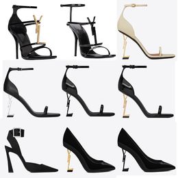 2023 Sandales High Heels Saint Laurent Luxurvs Chaussures de créateurs talons Paris Robe Classics Femmes 10cm8cm Talons Black Golden Gold Mariage Bottoms With Box Taille 35-41