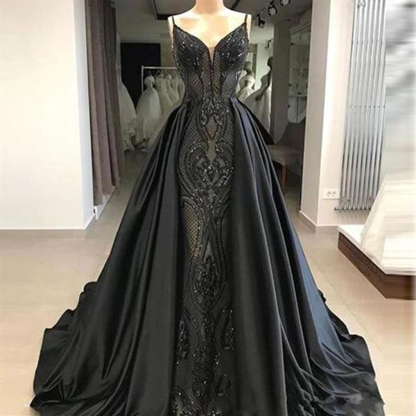 Chic 2019 robes de soirée en dentelle de sirène noire avec train détachable robes de bal perlées en satin pailleté, plus la taille appliquée formelle D239P