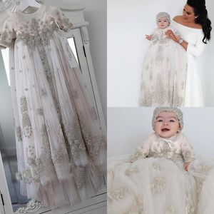 Chic 2020 Robes De Baptême À Manches Longues Pour Bébés Filles Dentelle Appliqued Perles Robes De Baptême Avec Bonnet Première Communication DresBlush Pin