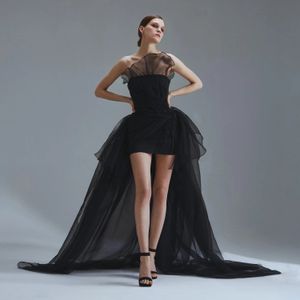 Classy Zwart Hoog Laag Prom Verjaardag Jurk 2024 Strapless Ruches Organza Avond Formele Partij Jassen Robe De Soiree