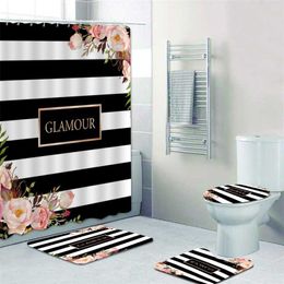Classy Black White Stripes Floral Douchegordijn Set Elegant gepersonaliseerd bad Gordijn voor badkamer Mats Tapijten Badhuis Inrichting 211116