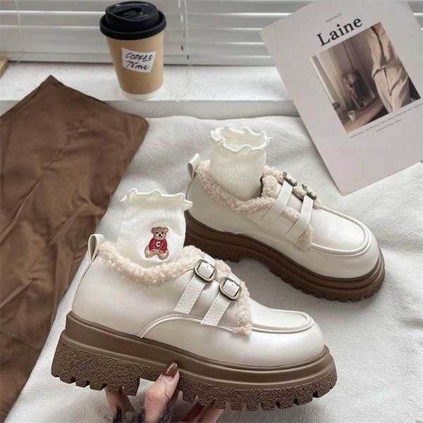 Chaussures habillées chic Mi Bai Jia Rong Song Cake petit cuir femmes britannique hiver semelle épaisse Jk coton