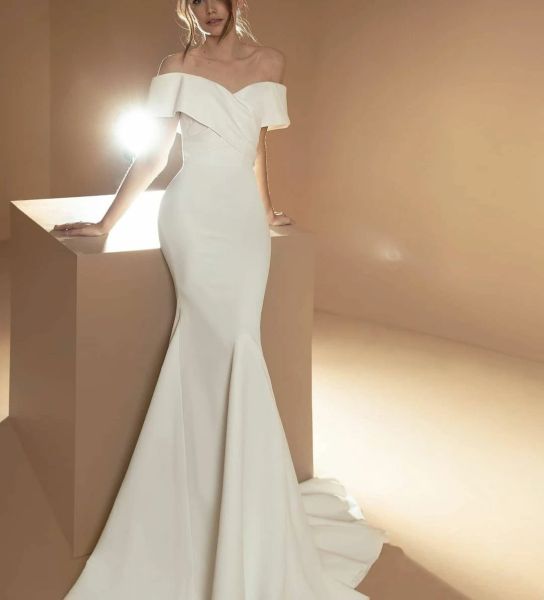 Robe de mariée longue en Satin ivoire, élégante, épaules dénudées, manches courtes, sirène, traîne de balayage, sur mesure pour femmes