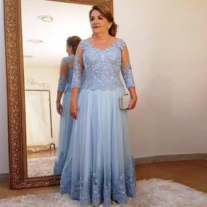 Classy Kant Moeder van de Bruid Jurken Sheer Jewel Neck Beaded Lange Mouwen Bruiloft Gastjurk Vloer Lengte Tulle Plus Size Formele Toga