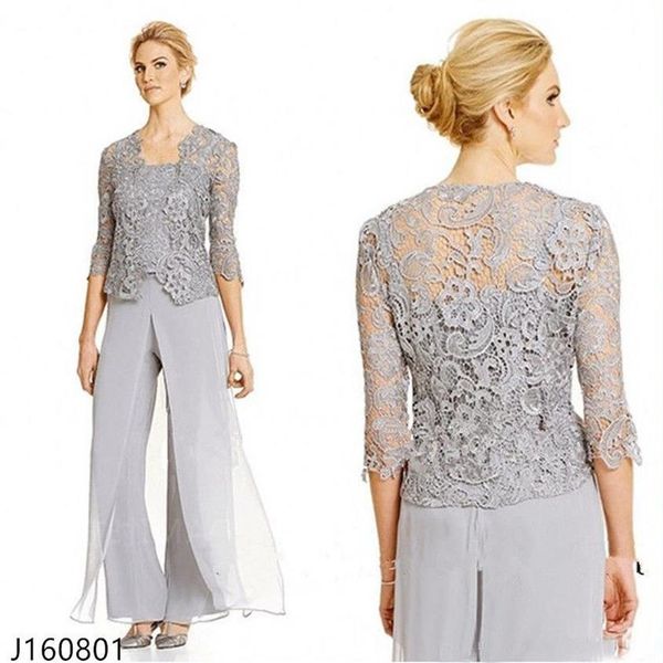 Élégant Dentelle Mère De La Mariée Pantalon Costumes Avec Veste En Mousseline De Soie Trois Pièces Invité De Mariage Robe Plus La Taille Mères Marié Robes297b