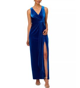 Stijlvolle lange blauwe fluwelen avondjurken met spleet zeemeermin v-hals geplooide enkellengte prom jurk jurken voor vrouwen