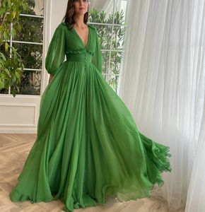 Classy Long Chiffon Green Prom-jurken met voorste knoppen A-lijn V-hals vloerlengte plooien Formele feestavondjurk gewaden de soiree voor vrouwen