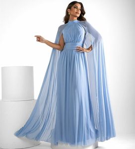 Robes de bal plissées longues bleu clair chic avec Cape a-ligne col haut en mousseline de soie longueur de plancher fermeture éclair dos robes de bal pour les femmes