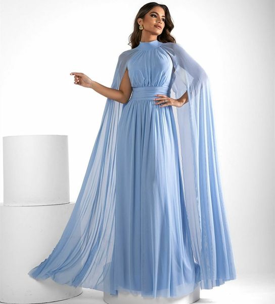 Robes de bal plissées longues bleu clair chic avec Cape a-ligne col haut en mousseline de soie longueur de plancher fermeture éclair dos robes de bal pour les femmes