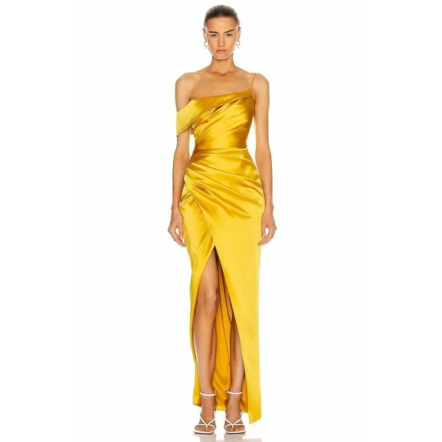 Stilig lång en axel gula aftonklänningar med slits mantel spaghetti remmar veck golvlängd dragkedja tillbaka prom klänningar för kvinnor
