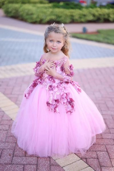 Vestidos largos y elegantes para niña de flores de color rosa, cuello joya, mangas completas de tul con flores en 3D, vestido de fiesta hasta el suelo, hecho a medida para fiesta de boda