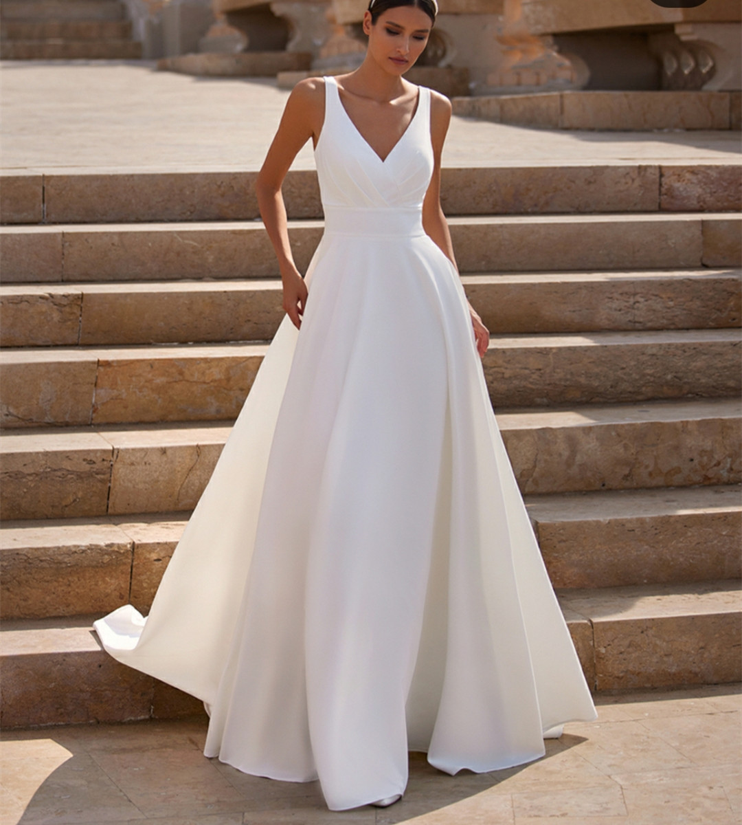 Classy Long Satin V-Neck Wedding Dresses With Pockets A-Line Ivory Pleated Sweep Train Ziper Back Bride Gowns for Women