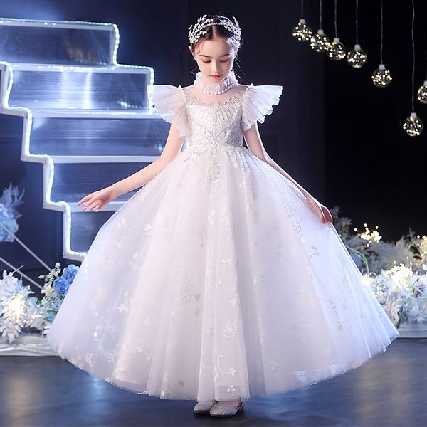 Robes de fille de fleurs blanches longues chics 2024 Nec de bijou avec robe de bal applique en dentelle Longueur du sol personnalisé pour la fête de mariage