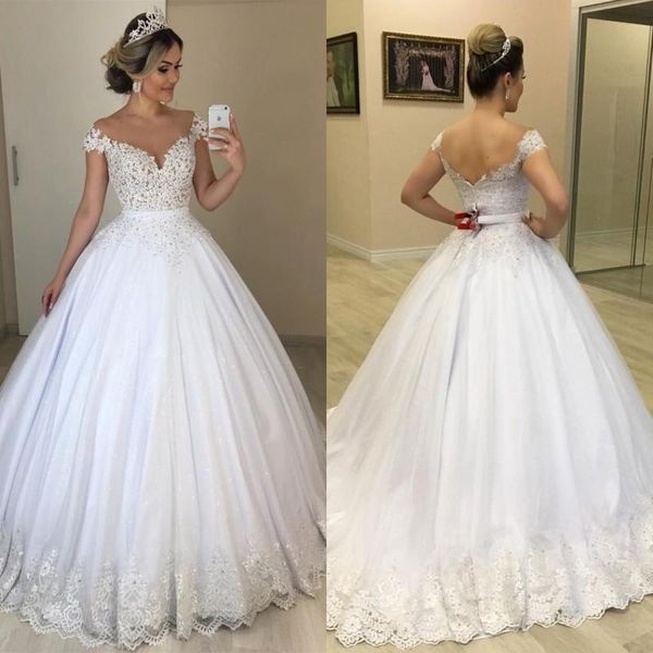 Chic hors épaule dentelle Tulle robe De Novia Cap manches fermeture éclair dos grande taille robes de mariée avec des perles