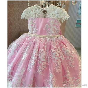 Stijlvolle roze parels kanten ball jurk bloemenmeisjes jurken voor bruiloft appliques verjaardag jurken vloer lengte tule eerste communie dre300d