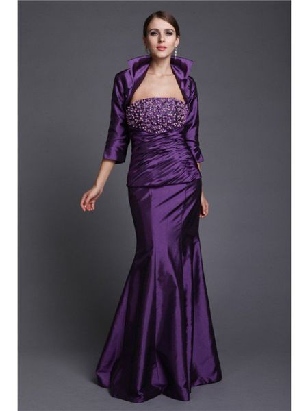 Vestidos de madre de novia de tafetán morado con clase con chaqueta Vestido de madre de novio de talla grande con cuentas sin tirantes sexy Mangas 3/4 Vestidos de sirena baratos