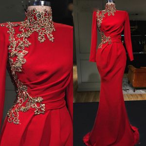 Robe de soirée de forme sirène rouge, élégante, col haut, manches longues, longueur au sol, en Satin, grande taille, robe formelle