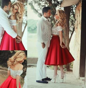 Chic rouge blanc dentelle deux pièces robes de bal sexy hors de l'épaule longueur de thé robes de bal courtes taffetas robes de soirée formelles Vestios