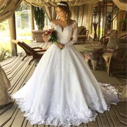 Robes de mariée en dentelle pailletée chic, épaules dénudées, ligne A, manches longues, traîne de balayage, robe de mariée en Tulle