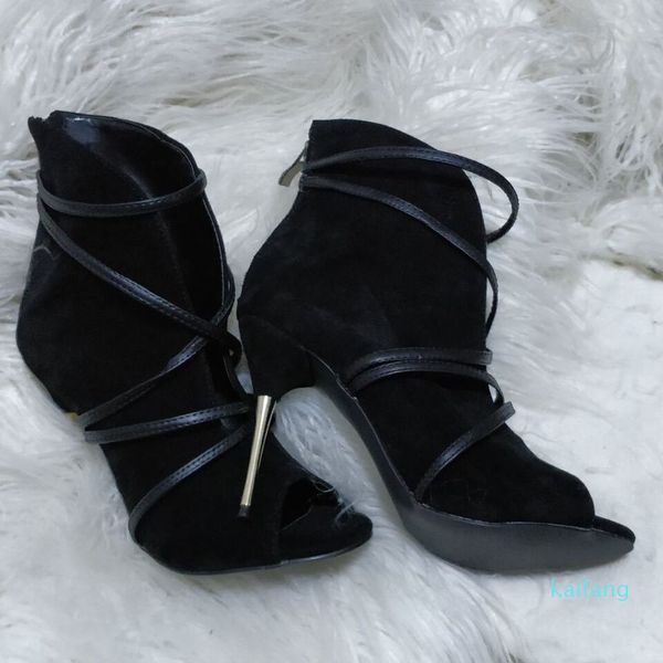 Zapatos de tacón alto de aguja con clase Peep Toe Designer Pumps Zapatos de vestir de gamuza negra