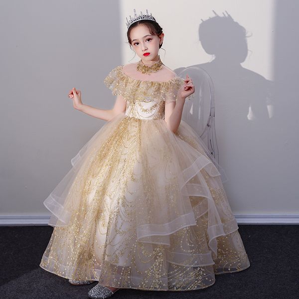 Vestido blanco de pelota blanca niña de flor, cuello transparente, vestidos de novia de niño paquistaní, lindo encaje de manga larga para niñas para niñas pequeñas.