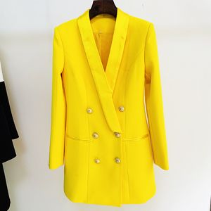 BL018 classystreetwear hoge kwaliteit lange blazer jurk gele jas dames dubbele rij knopen gouden knop satijnen kraag dames pak