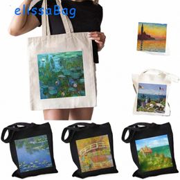 Claude ontmoette canvas schoudertas tas Water lelies schilderen tuin frs brug tulpen zonsopgang Harajuku shopper cott handtassen u4zd#