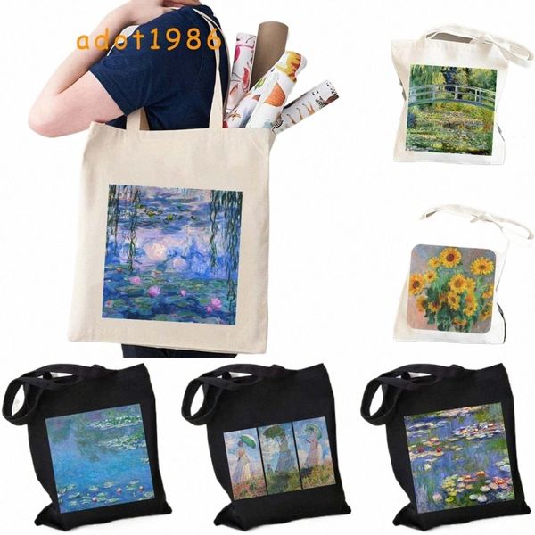 Claude Met Lirios de agua Pintura Jardín Puente japonés Tulipán Lila Iris Sunfrs Lienzo Hombro Bolsa de asas Cott Bolsos S7JW #